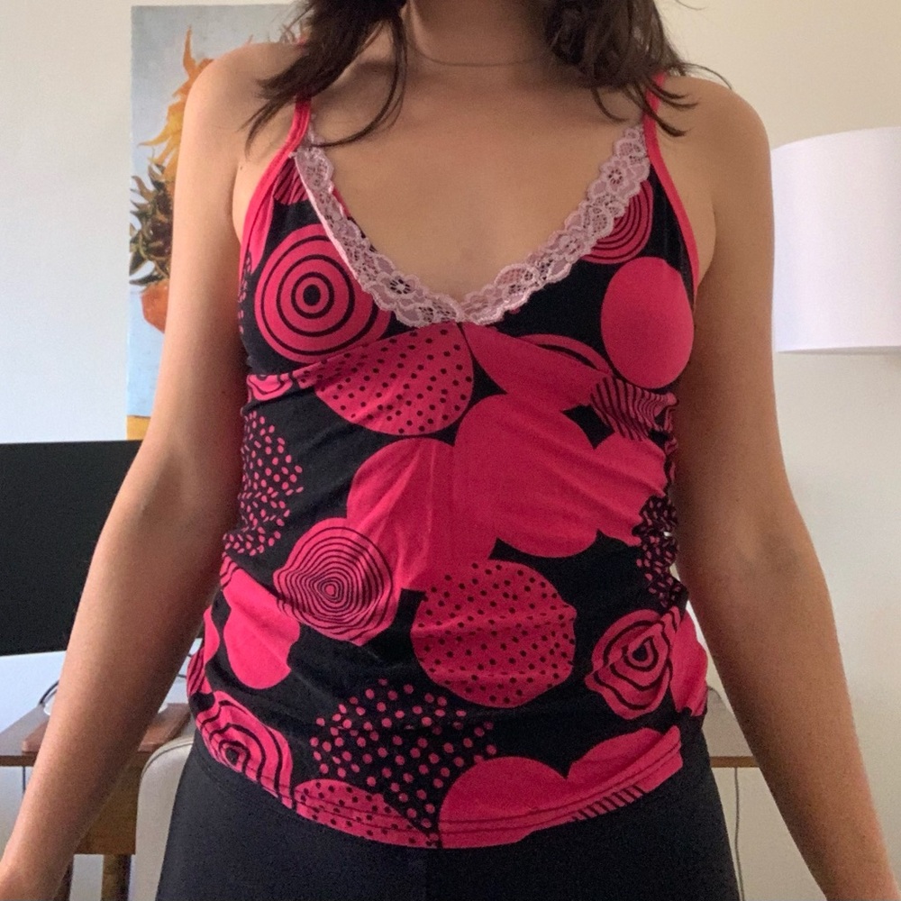 Pink and Black Graphic Lace-Trim Tank Top